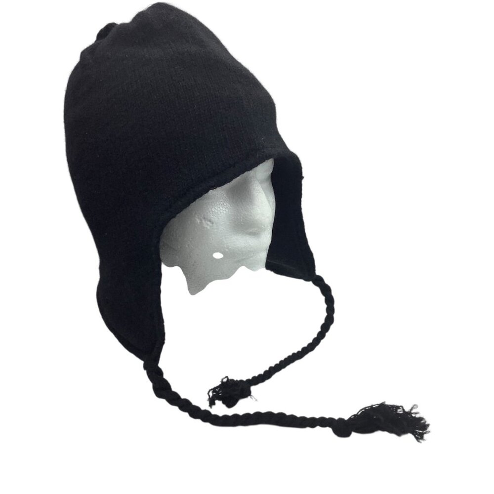 Peruvian District Threads Black Wool Blend‎ Knit Earflap Hat Warm One Size